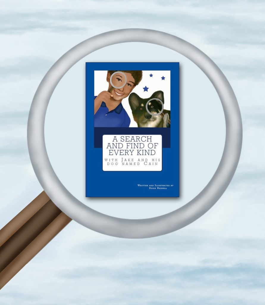 Magnifying glass with book "Search and Find with Jake and his dog named Cain"