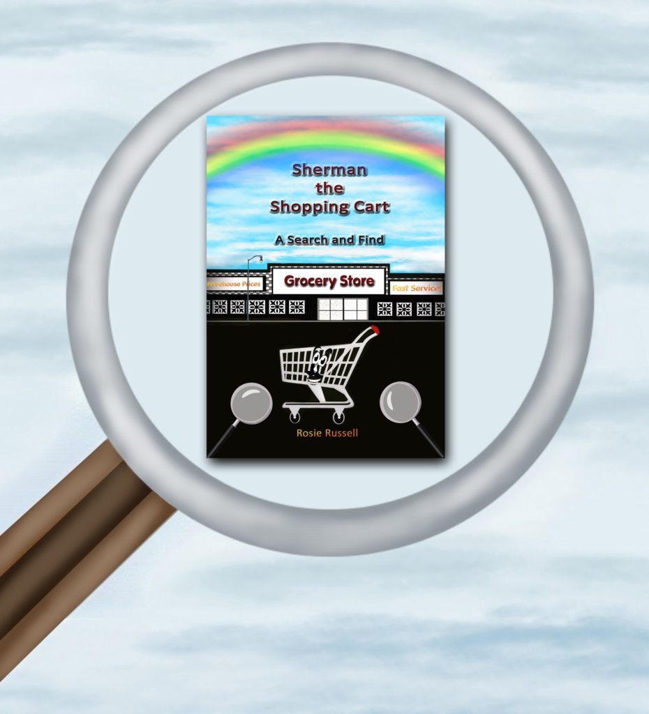magnifying glass with book, "Sherman the Shopping Cart: A Search and Find"